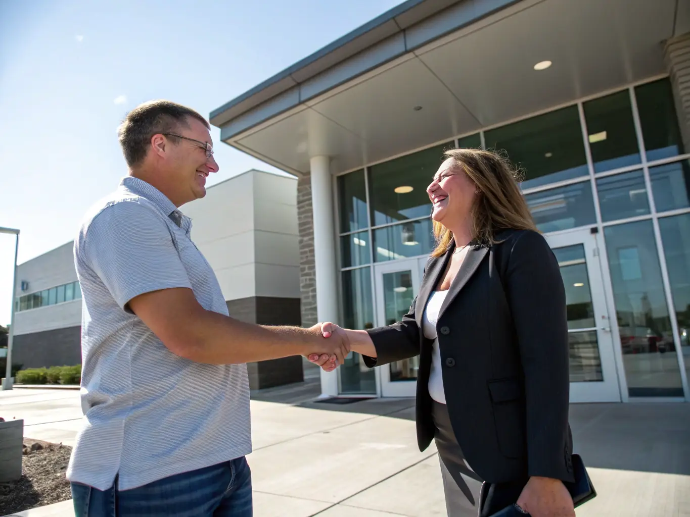 A modern vector illustration of two people shaking hands in front of a company building, symbolizing the final job offer and acceptance stage.
