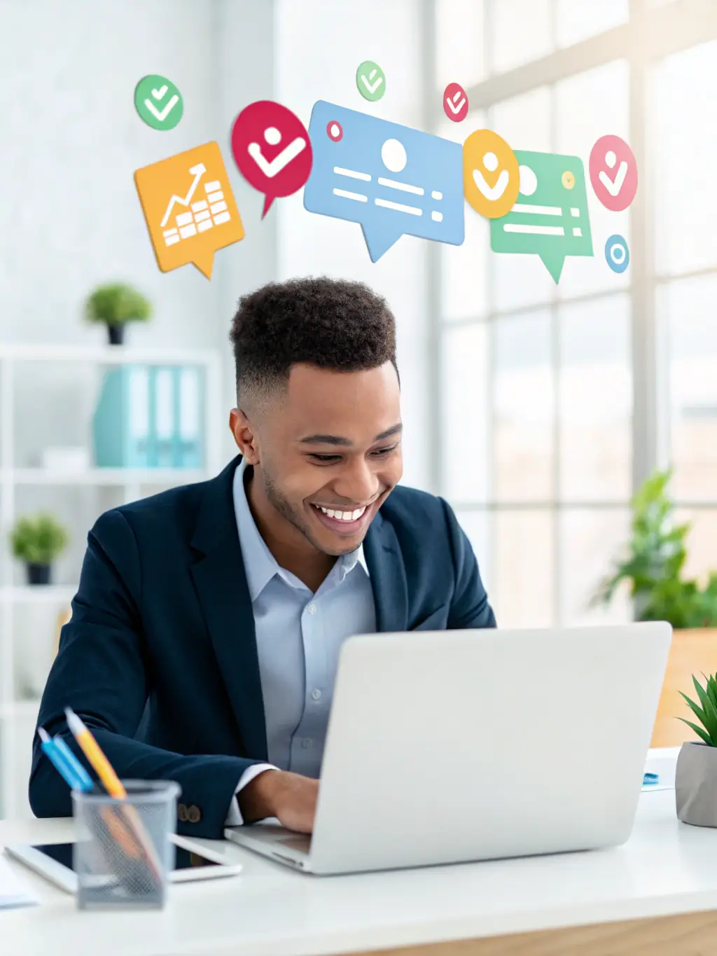 A professional illustration of a person confidently participating in a virtual interview on a laptop, showcasing a positive and successful interaction. The background is a clean, modern workspace.