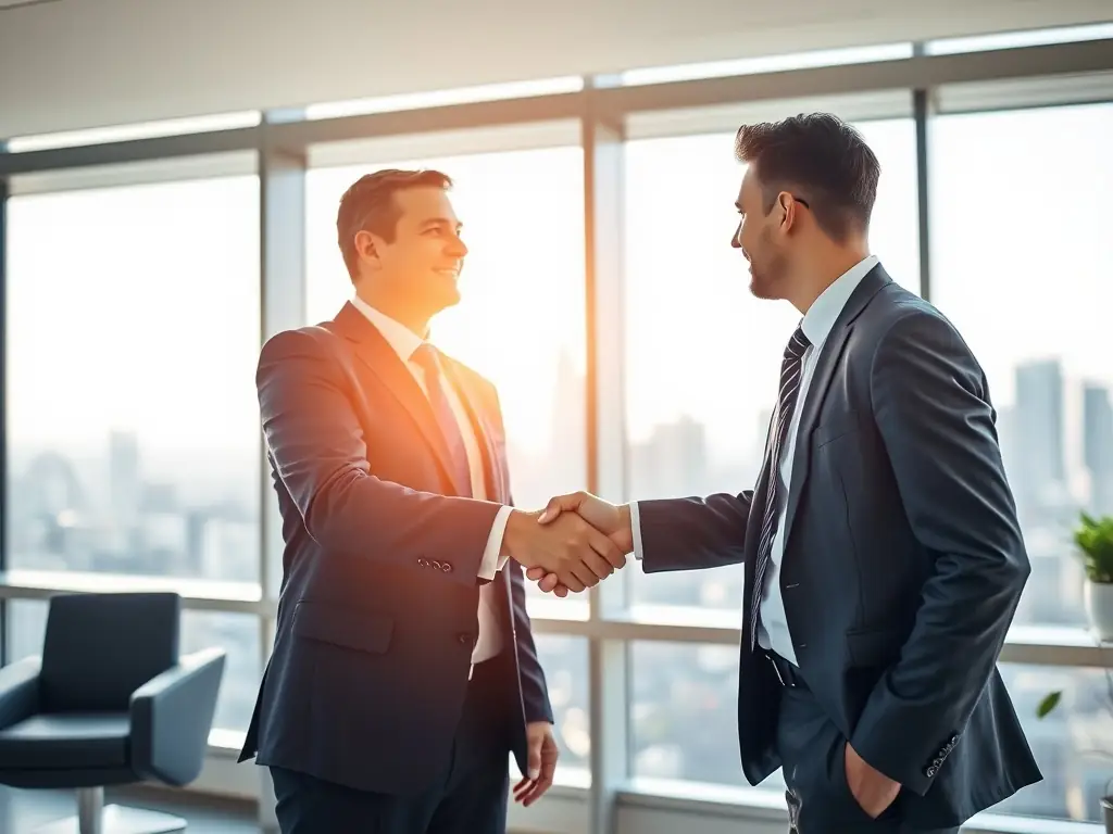 An image depicting a handshake symbolizing a job offer, set against a backdrop of modern office buildings, emphasizing Job Seeker's risk-free payment model.