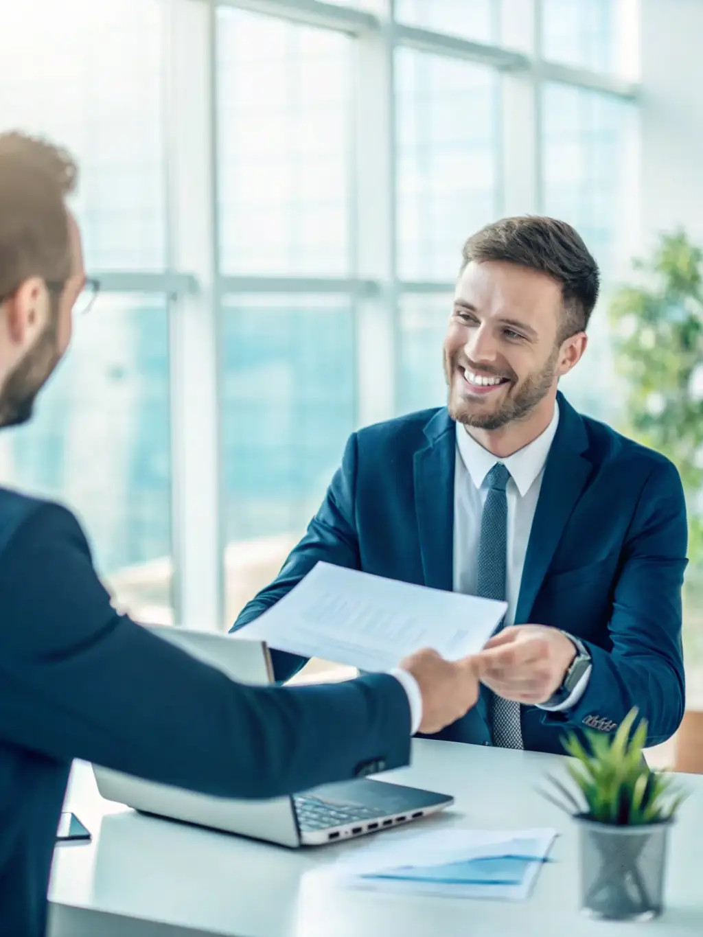 An illustration of a person receiving a job offer letter, symbolizing success and achievement. The background is a celebratory, yet professional setting.